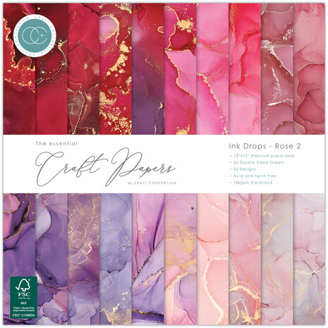 Craft Consortium Essential Craft Papers 12x12 Inch Paper Pad Ink Drops Rose 2 (CCEPAD040)