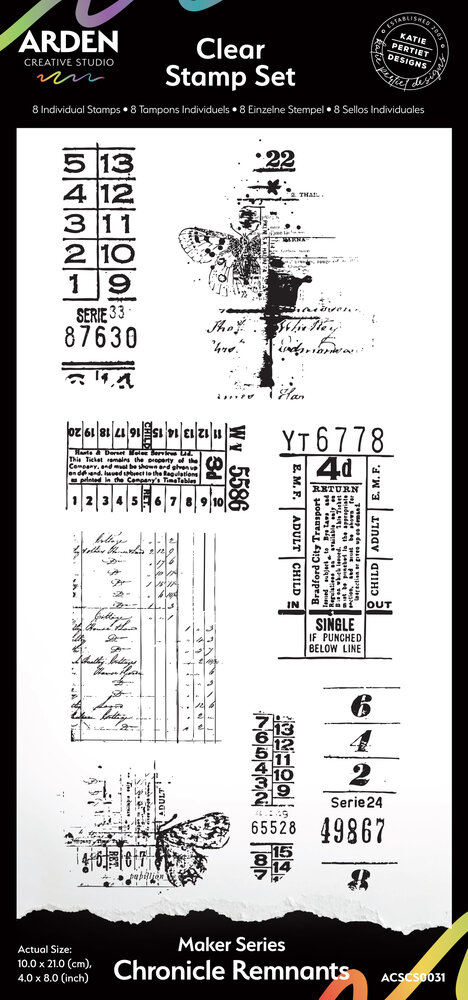 Arden Creative Studio Maker Series 4x8 Inch Clear Stamp Set Chronicle Remnants by Katie Pertiet (ACSCS0031) Arden Creative Studio Maker Series 4x8 Inch Clear Stamp Set Chronicle Remnants by Katie Pertiet (ACSCS0031)