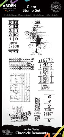 Arden Creative Studio Maker Series 4x8 Inch Clear Stamp Set Chronicle Remnants by Katie Pertiet (ACSCS0031) Arden Creative Studio Maker Series 4x8 Inch Clear Stamp Set Chronicle Remnants by Katie Pertiet (ACSCS0031)