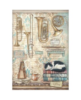 Stamperia Symphony A4 Rice Paper Trumpets and Cat (6pcs) by Sara Alcobendas (DFSA41125)