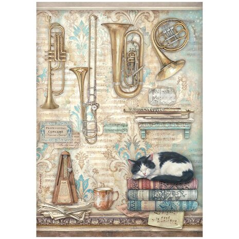 Stamperia Symphony A4 Rice Paper Trumpets and Cat (6pcs) by Sara Alcobendas (DFSA41125) Stamperia Symphony A4 Rice Paper Trumpets and Cat (6pcs) by Sara Alcobendas (DFSA41125)