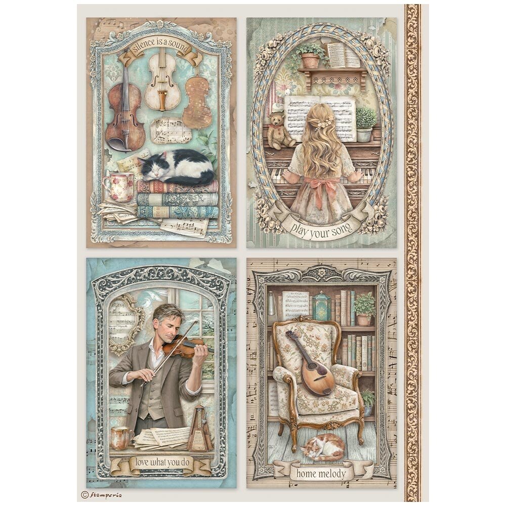 Stamperia Symphony A4 Rice Paper 4 Cards (6pcs) by Sara Alcobendas (DFSA41127) Stamperia Symphony A4 Rice Paper 4 Cards (6pcs) by Sara Alcobendas (DFSA41127)