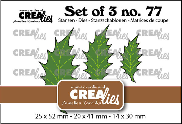 Crealies Set of 3 Dies No. 77 Leaves 22 Solid Holly with Stitchline (CLSet77)
