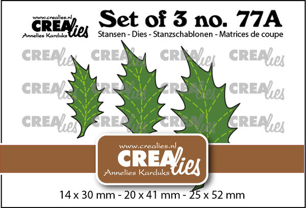 Crealies Set of 3 Stansen No. 77A Bladeren 22 Dicht Hulstblad met Stiklijn (Spiegelbeeld) (CLSet77A) Crealies Set of 3 Stansen No. 77A Bladeren 22 Dicht Hulstblad met Stiklijn (Spiegelbeeld) (CLSet77A)