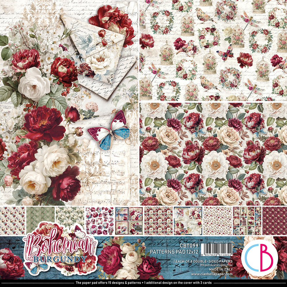 Ciao Bella Bohemian Burgundy 12x12 Inch Patterns Pad (8pcs) (CBT099) Ciao Bella Bohemian Burgundy 12x12 Inch Patterns Pad (8pcs) (CBT099)