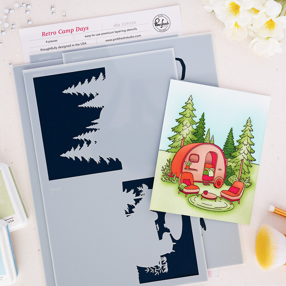 Pinkfresh Studio Quiet Moments Stencil Retro Camp Days by Inna Moreva (329526) Pinkfresh Studio Quiet Moments Stencil Retro Camp Days by Inna Moreva (329526)