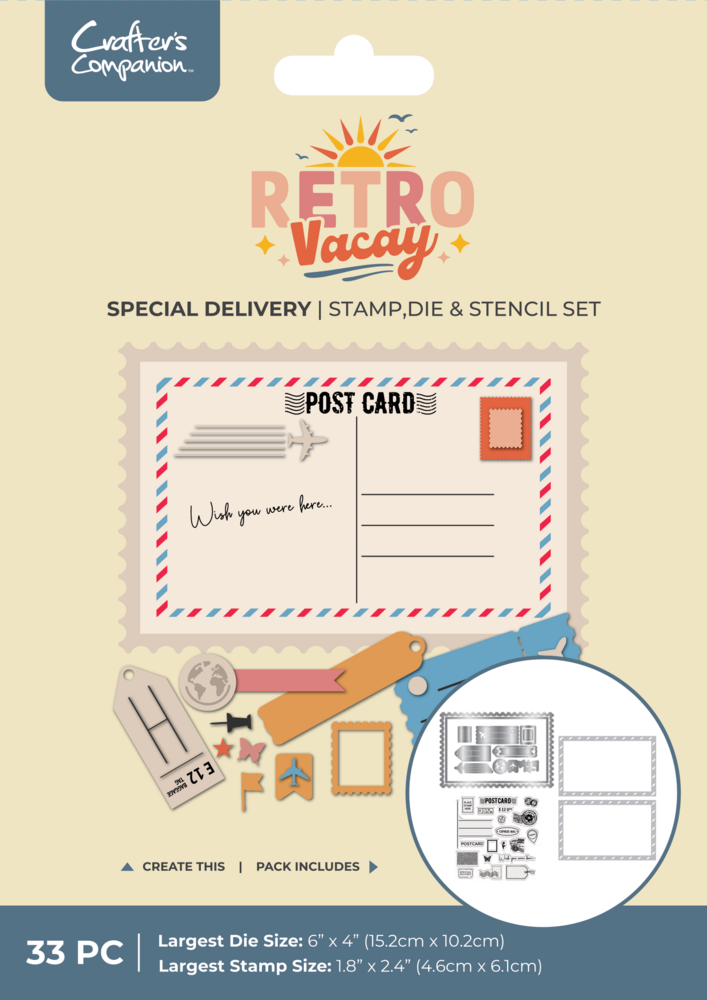 Crafter's Companion Retro Vacay Stamp, Die & Stencil Set Special Delivery (CC-RV-STD-STEN-SPDE) Crafter's Companion Retro Vacay Stamp, Die & Stencil Set Special Delivery (CC-RV-STD-STEN-SPDE)