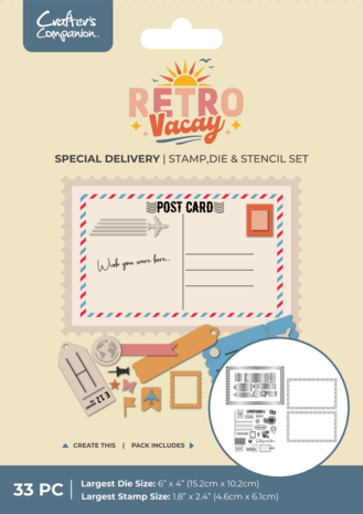 Crafter's Companion Retro Vacay Stamp, Die & Stencil Set Special Delivery (CC-RV-STD-STEN-SPDE) Crafter's Companion Retro Vacay Stamp, Die & Stencil Set Special Delivery (CC-RV-STD-STEN-SPDE)
