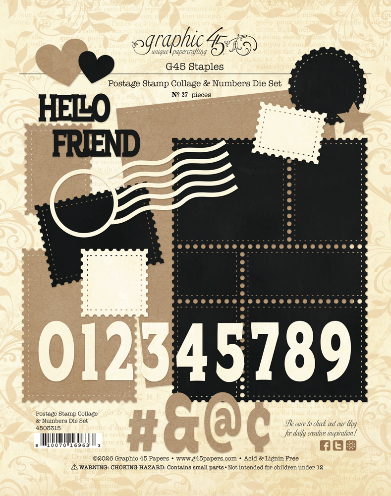 Graphic 45 Postage Stamp Collage & Numbers Die Set (4503315)