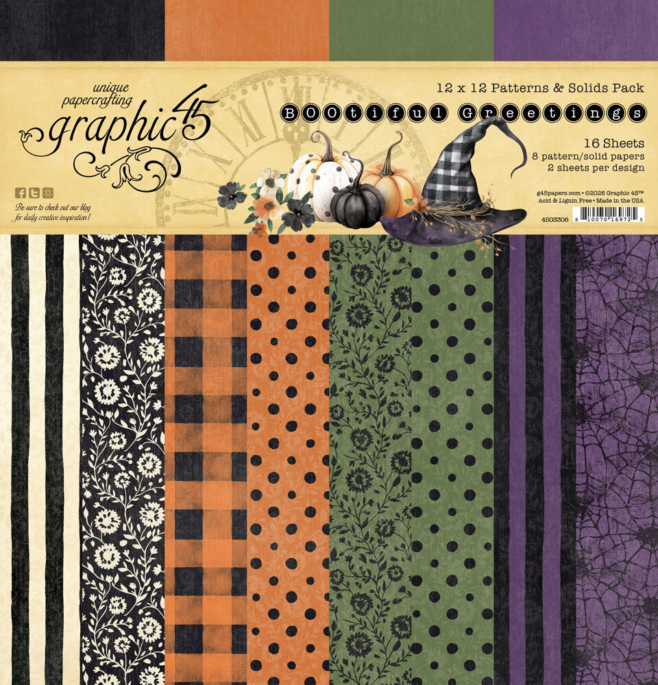 Graphic 45 BOOtiful Greetings 12x12 Inch Patterns & Solids Pack (4503306) Graphic 45 BOOtiful Greetings 12x12 Inch Patterns & Solids Pack (4503306)