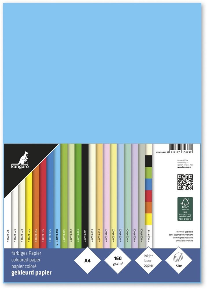 Kangaro KTC Papier A4 160grs Azuurblauw Pak (50pcs) (K-0039-230) Kangaro KTC Papier A4 160grs Azuurblauw Pak (50pcs) (K-0039-230)