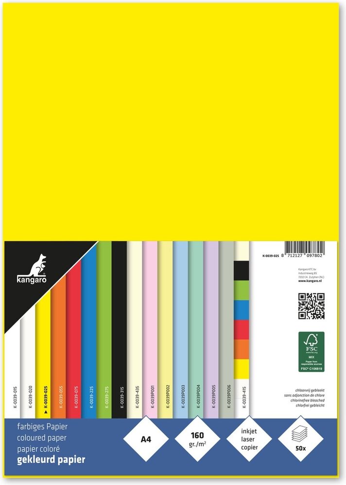 Kangaro KTC Papier A4 160grs Geel Pak (50pcs) (K-0039-025) Kangaro KTC Papier A4 160grs Geel Pak (50pcs) (K-0039-025)