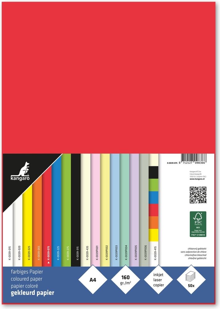 Kangaro KTC Papier A4 160grs Rood Pak (50pcs) (K-0039-075) Kangaro KTC Papier A4 160grs Rood Pak (50pcs) (K-0039-075)