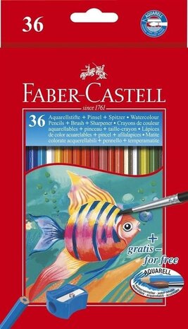 Faber Castell Watercolour Pencils FC Kinder Box of 36 inc. Sharpener + Brush (FC-114437) Faber Castell Watercolour Pencils FC Kinder Box of 36 inc. Sharpener + Brush (FC-114437)
