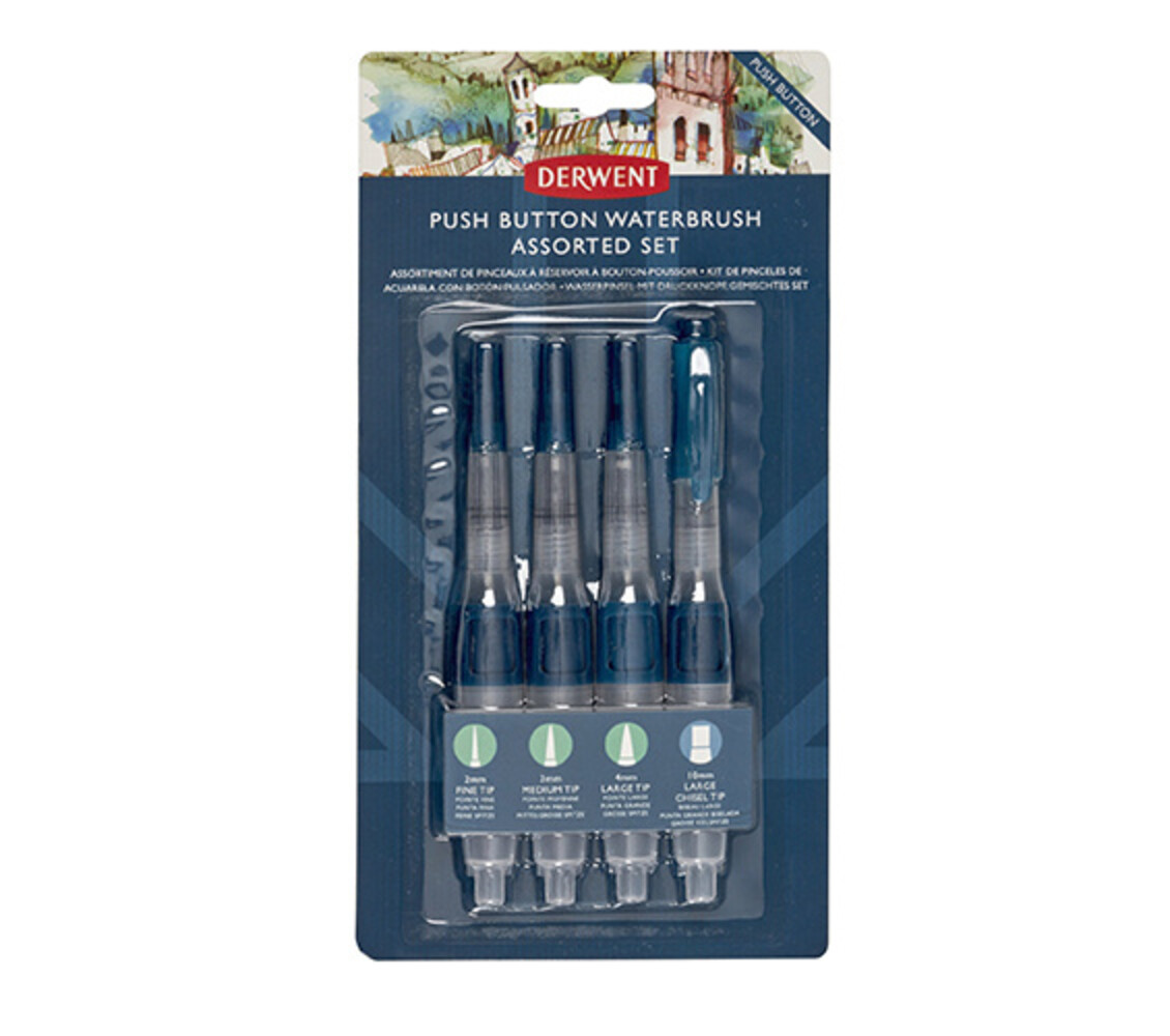 Derwent Push Button Waterbrush Set of 4: Fine, Medium, Large and Chisel (DWB2305816) Derwent Push Button Waterbrush Set of 4: Fine, Medium, Large and Chisel (DWB2305816)