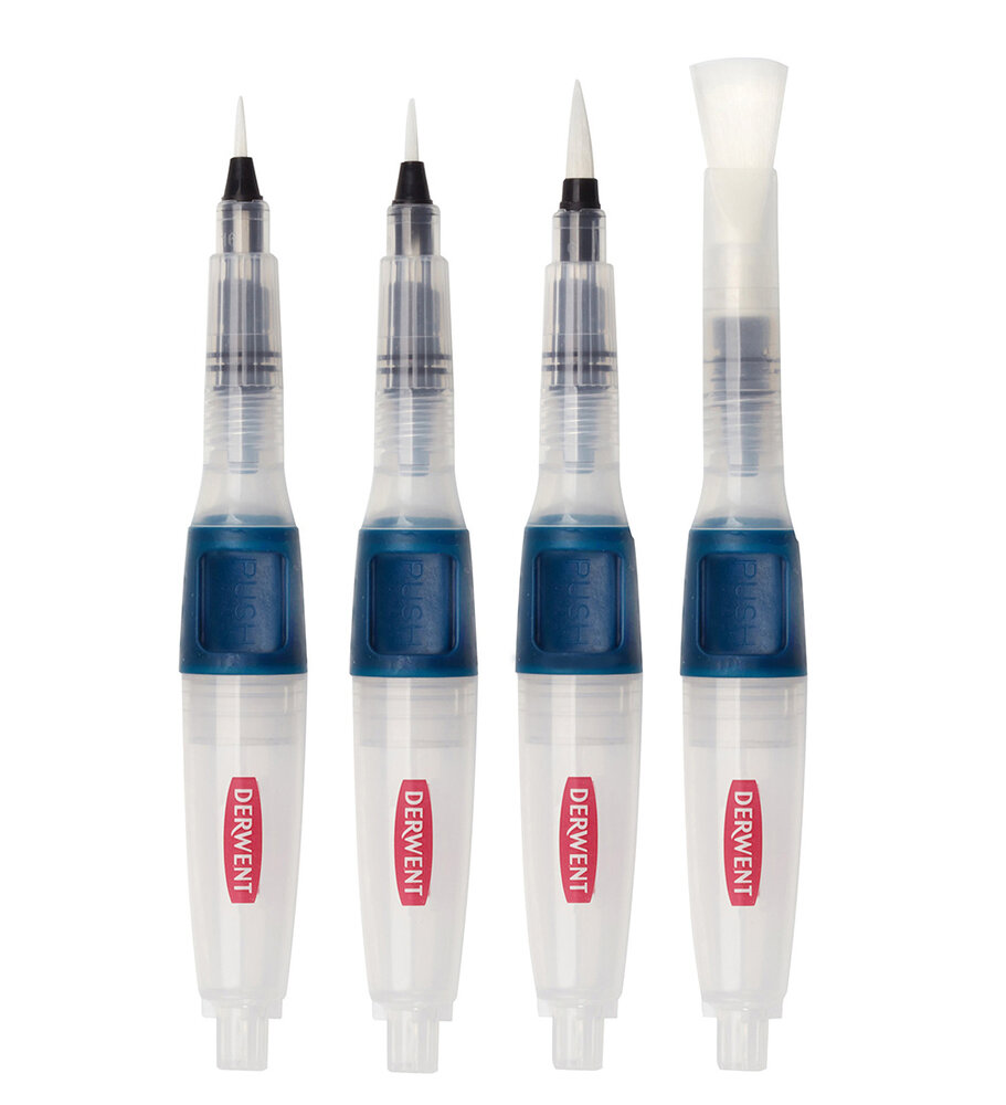 Derwent Push Button Waterbrush Set of 4: Fine, Medium, Large and Chisel (DWB2305816) Derwent Push Button Waterbrush Set of 4: Fine, Medium, Large and Chisel (DWB2305816)