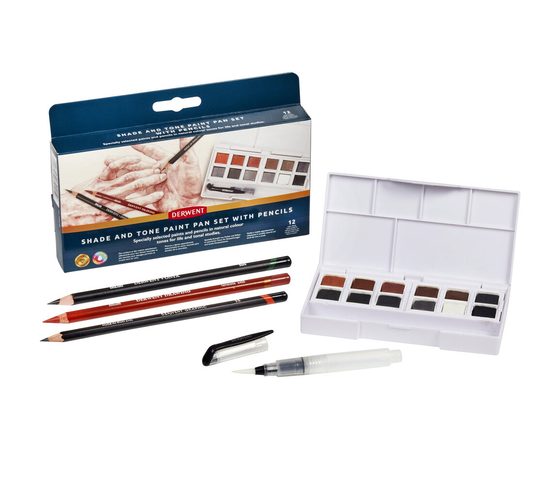 Derwent Inktense Paint Pan Mixed Media Set Shades & Tone with 12 Pans and 3 Pencils (DIB2306248) Derwent Inktense Paint Pan Mixed Media Set Shades & Tone with 12 Pans and 3 Pencils (DIB2306248)