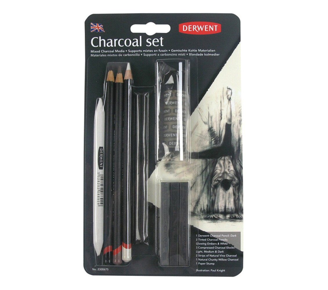 Derwent Charcoal Blister with 3 Pencils, 4 Blocks, 2 Strips and 1 Paper Stump (DCH2300675) Derwent Charcoal Blister with 3 Pencils, 4 Blocks, 2 Strips and 1 Paper Stump (DCH2300675)