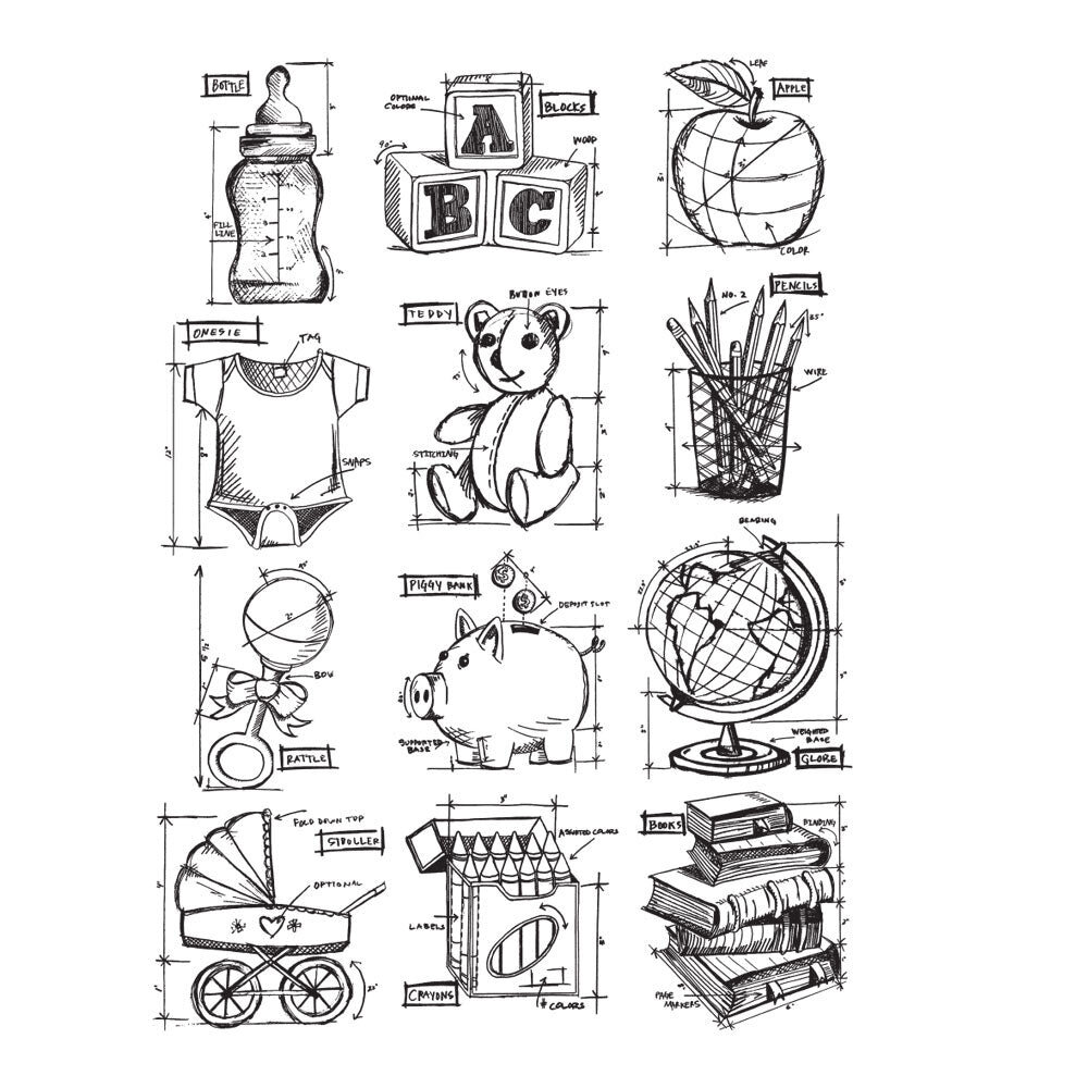 Stampers Anonymous Mini Blueprints 8 Tim Holtz Cling Stamps (CMS231)