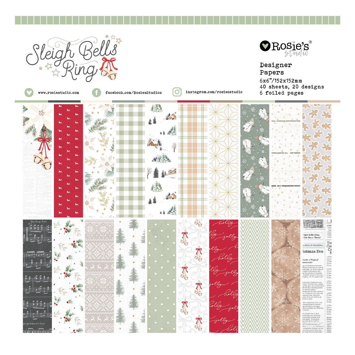 Sleigh Bells Ring 6x6 Inch Designer Paper Pad by Rosie's Studio (169394 ...
