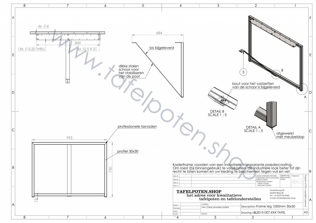 Nordstahl Stalen Frame tafelpoot 3x3 Nordstahl