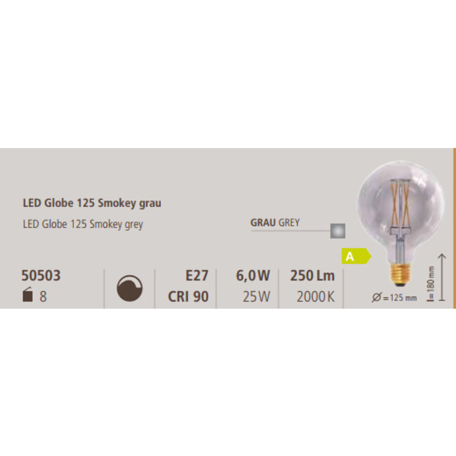 Led globe 125 smokey grey-2000K-6W-CRI+90