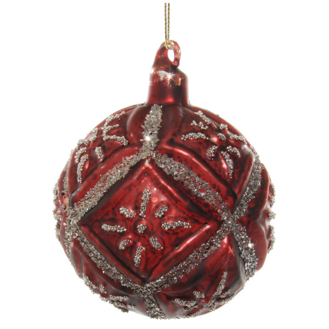 shishi glass floral ball antique burgundy silver glitter 8 cm