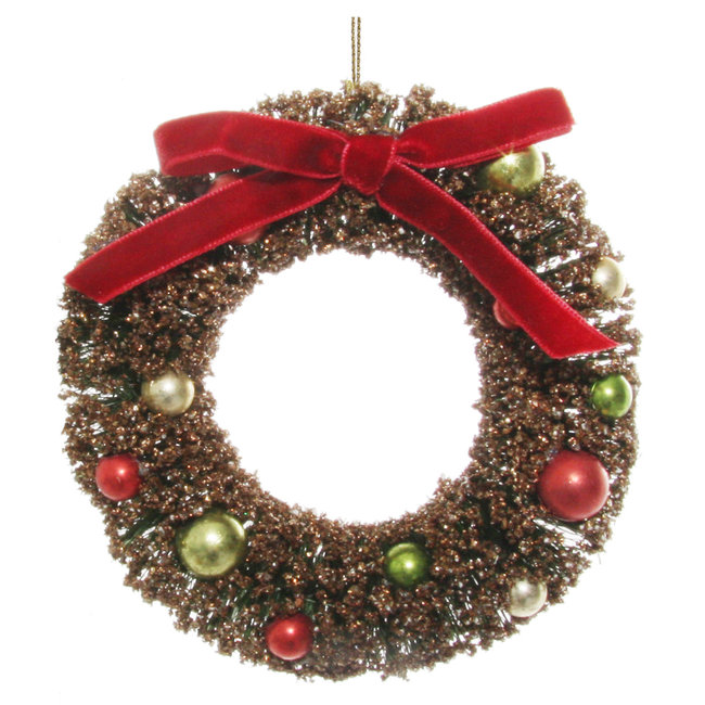 Wreath ornament with velvet bow red gold 12 cm