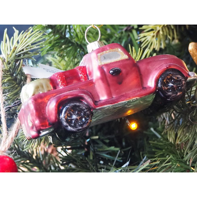 Glass car with tree shiny red 14 cm