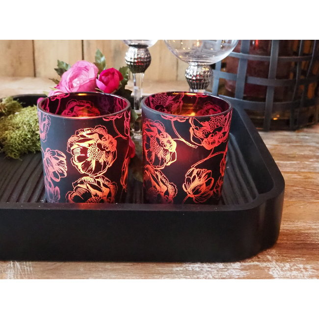 Zana black glass red bloem round tealight m