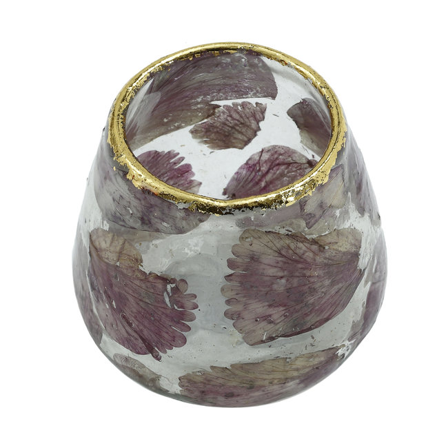 Oxer pink glass tealight Flower leaves gold foil