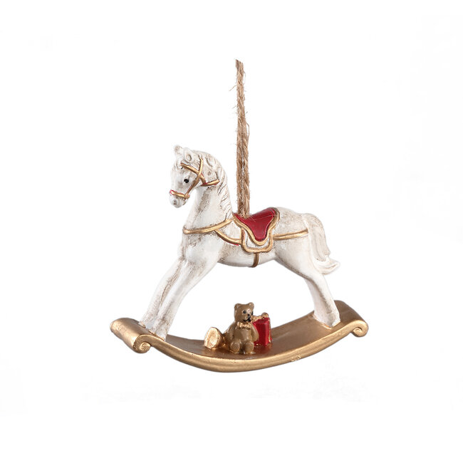 Xmas Senter gold poly hanging rocking horse deco