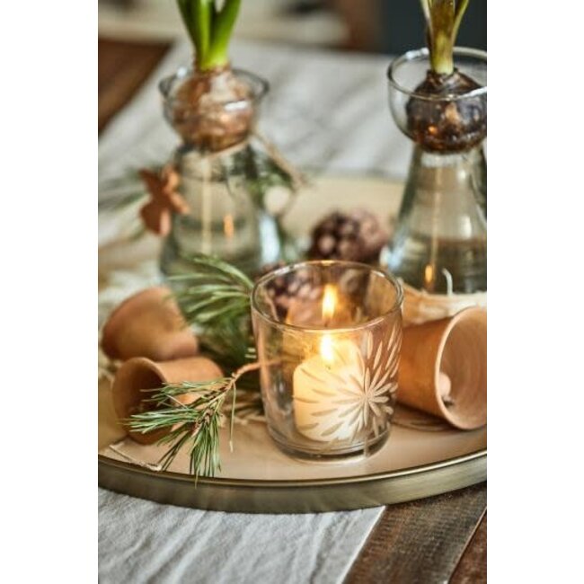 Candle holder glass f/tealight w/engraved star