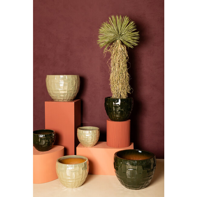 Bobi Green ceramic pot round square pattern SV3