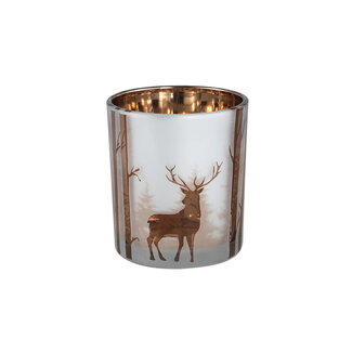 PTMD Denico Bronze glass tealight round reindeer S 7X7X8 CM