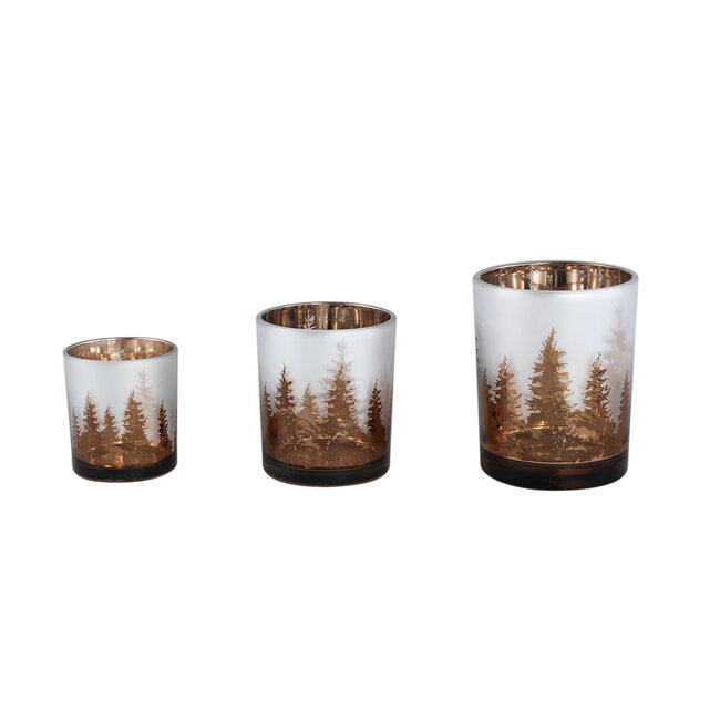 Claire Bronze glass tealight round with trees l 10.0 x 10.0 x 12.5 cm