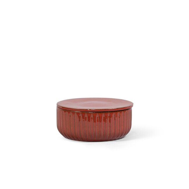 Bowl striped red glazed with cover -in black box gift dia 26x12  Lavende