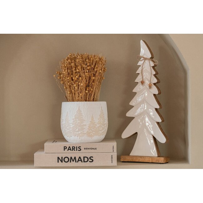 Denneboom met strik mangohout /wit H38 cm