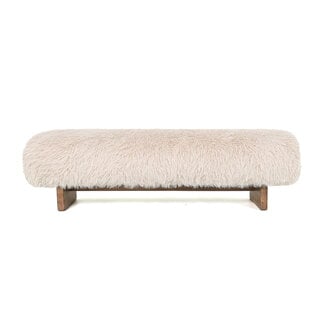 Hair beige fabric bench with wooden legs