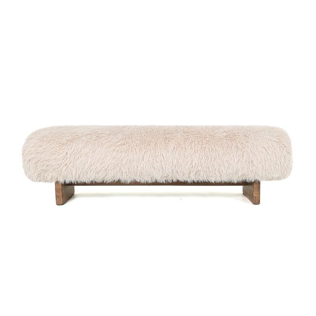 Hair beige fabric bench with wooden legs