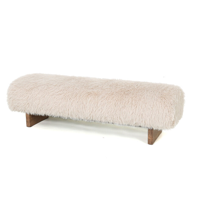 Hair beige fabric bench with wooden legs
