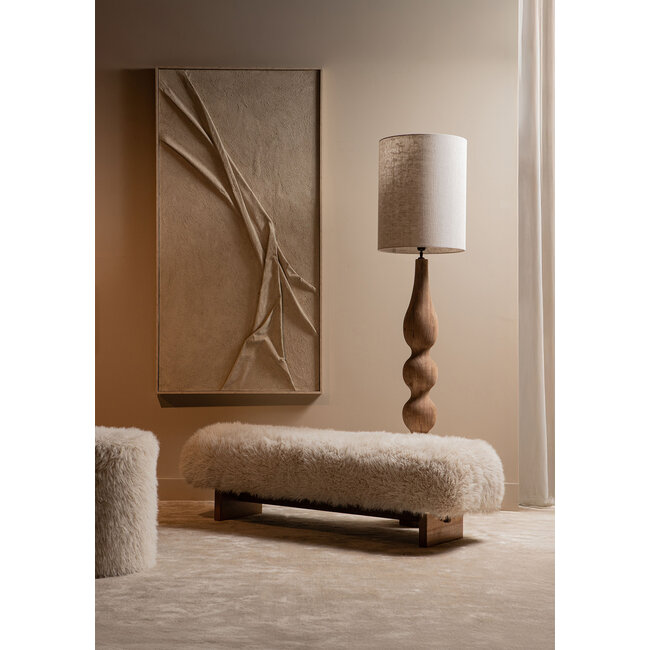 Hair beige fabric bench with wooden legs