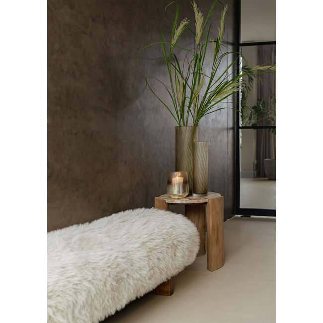 Hair beige fabric bench with wooden legs