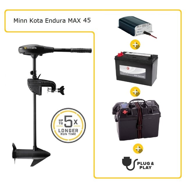 Minn Kota Fluistermotor set Endura Max 45 + accu + accubak + acculader + plug & play