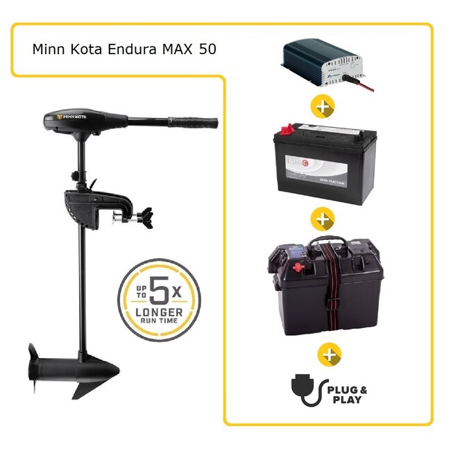 Minn Kota Fluistermotor set Endura Max 50 + accu + accubak + acculader + plug & play