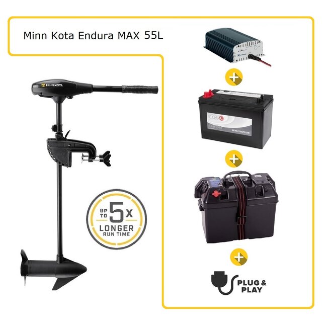 Minn Kota Fluistermotor set Endura Max 55 langstaart + accu + accubak + acculader + plug & play