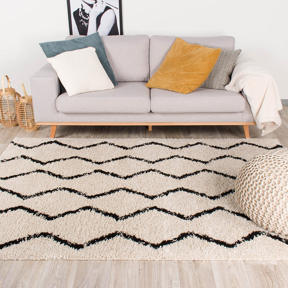 FRAAI Hoogpolig vloerkleed - Grand Moves Creme/Zwart