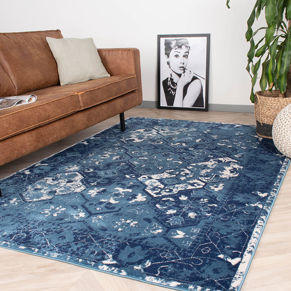 Vintage vloerkleed - Deep Tile Blauw | Brengt in iedere ruimte - Volero