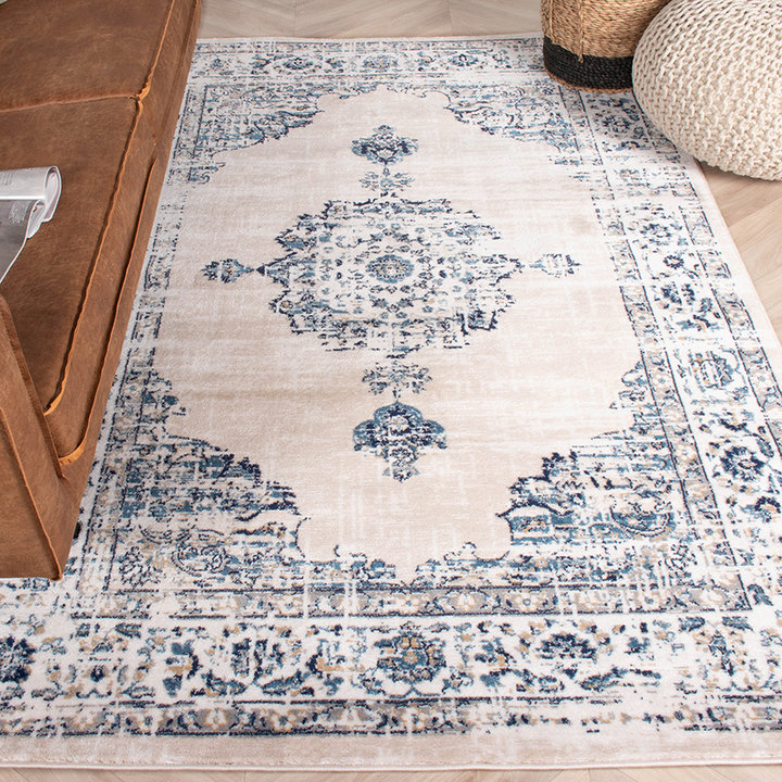 Vintage vloerkleed -  Deep Medaillon Wit/Blauw