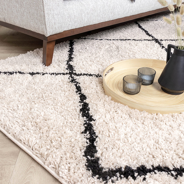 Hoogpolig vloerkleed - Sensa Lines Creme/Zwart